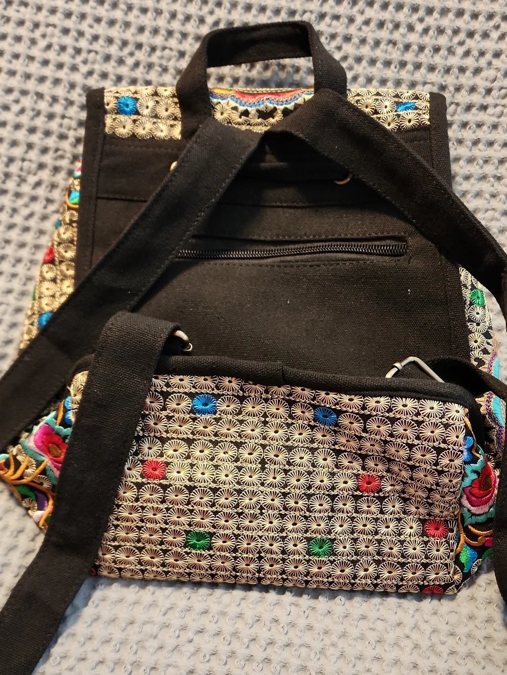 Embroidered Floral Mini Backpack - Black with Multicolor Stitching